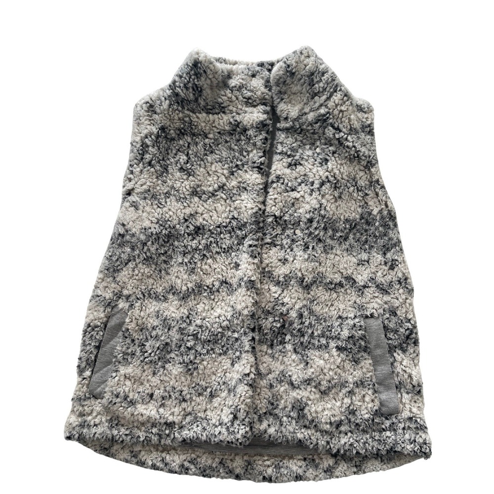 Cupio Sherpa Vest Women's Medium Cozy Soft Grey Black Cream Snap Closure‎ EUC